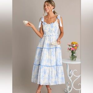 RED DRESS MEADOW SERENADE BLUE FLORAL TOILE MIDI DRESS SZ MEDIUM